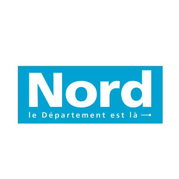 Logo du département du Nord représentant un rectangle sur fond bleu avec l'inscription "Nord le département est là" en blanc, souligné par une flèche blanche pointant vers la droite