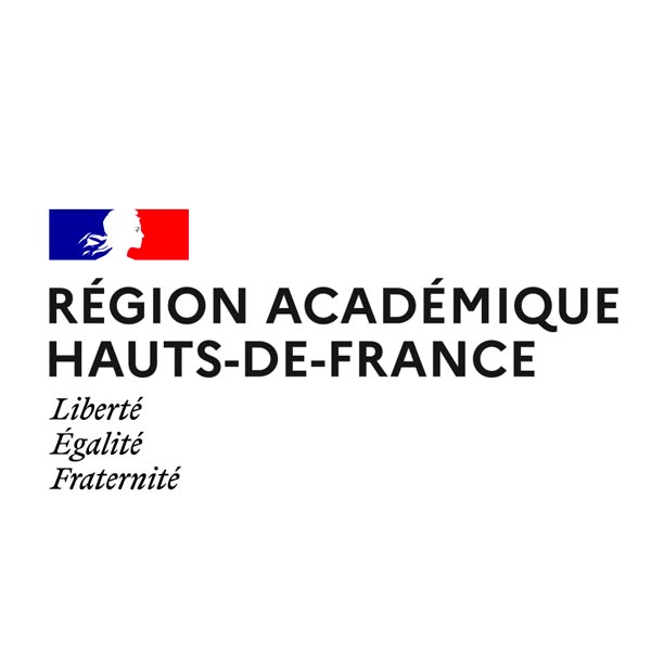 Logo de la Région académique Hauts-de-France, avec un drapeau officiel du gouvernement français et la devise française écrite en noir