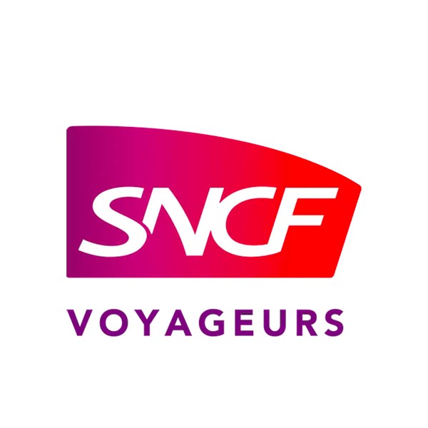 Logo SNCF Voyageurs avec l'inscription "SNCF" en blanc sur fond coloré et l'inscription "Voyageurs" en violet