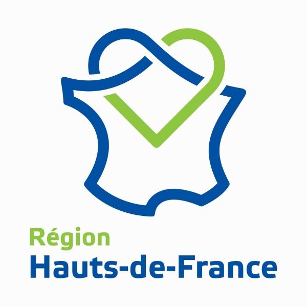 Logo de la région Hauts-de-France représentant une carte de France dessinée en bleu avec un cœur vert au Nord